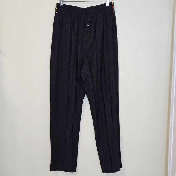 Emblem Pants Women 16 Black Waist Embroidery Tribal Elastic Zip Pleated Boho VTG - Picture 16 of 16